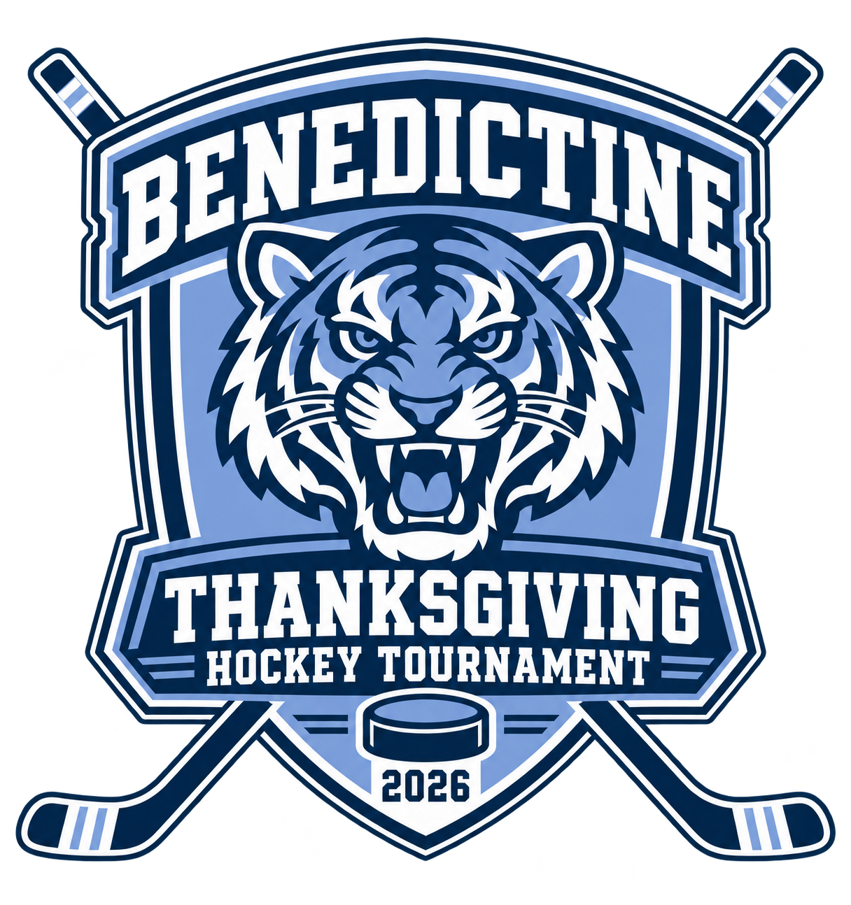 Benedictine Thanksgiving Hockey Tournament 2026 crest with a Bengal tiger and hockey sticks